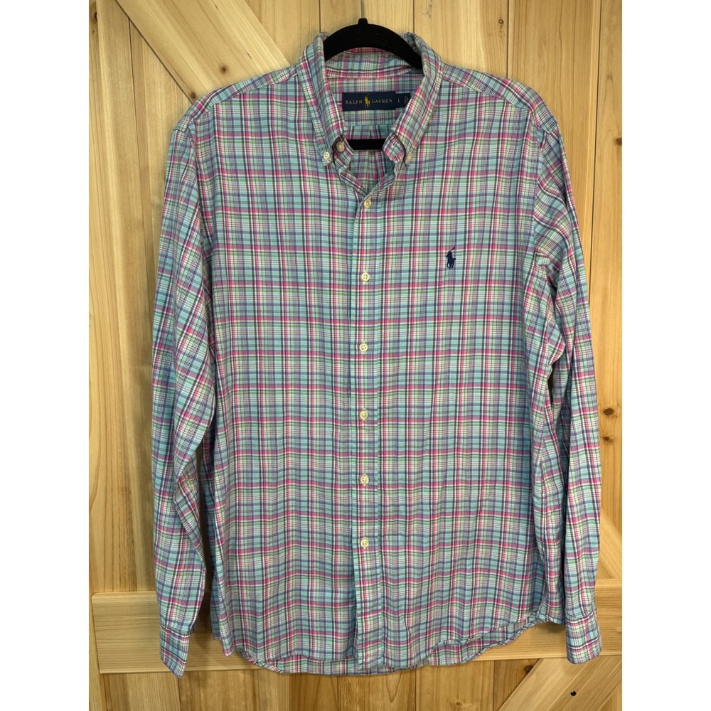 Ralph Lauren Mens Large Plaid Button Down Shirt Turquoise Pink Purple- Large